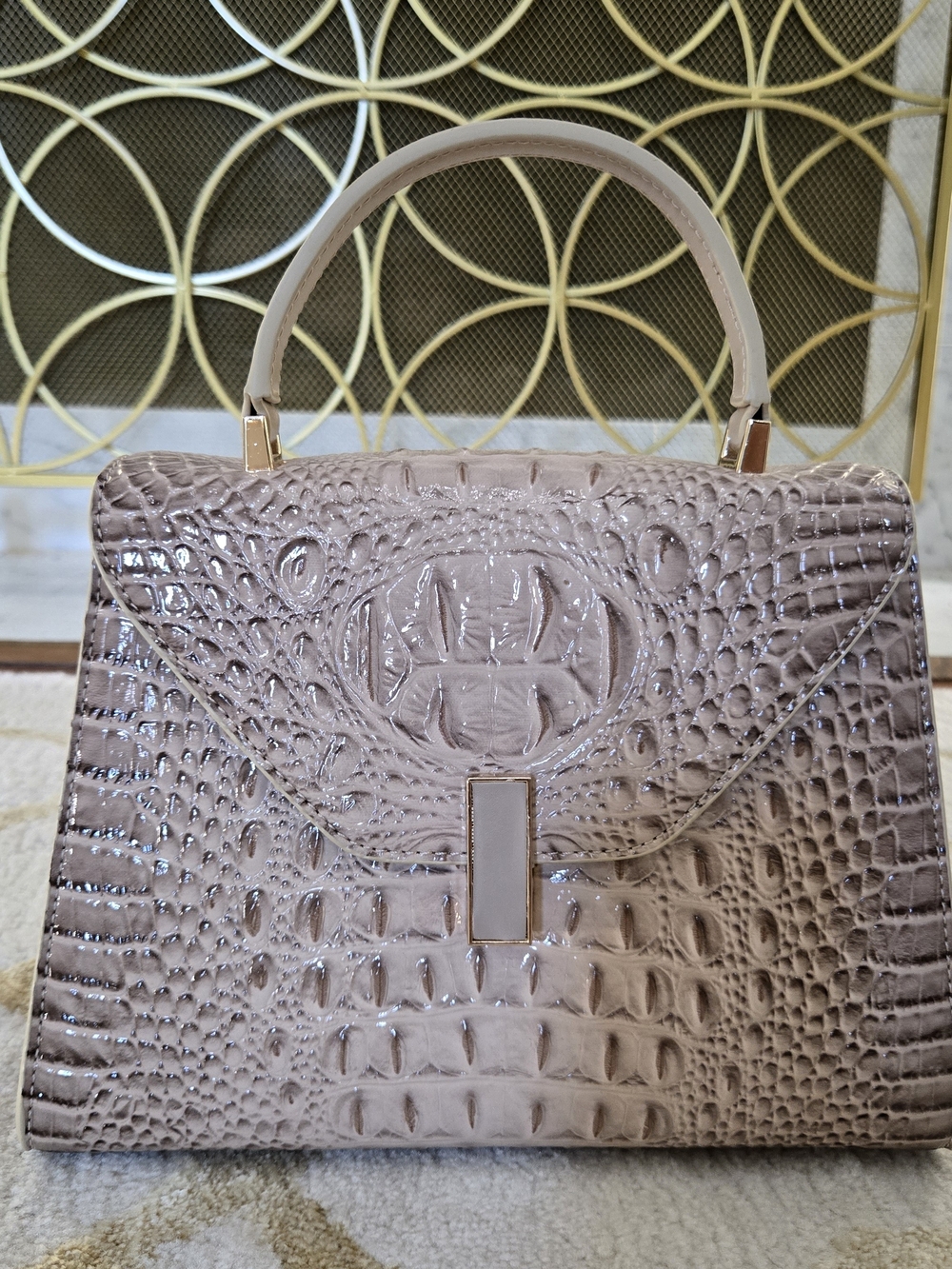 Top-Handle Croc-Embossed Satchel Tote in Blush